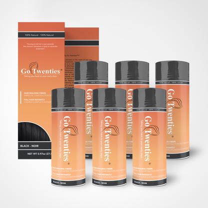 Six Go Twenties Black Hair Building Fibres bottles; bulk hair fibre refill pack; 6-pack bundle in selected shade.