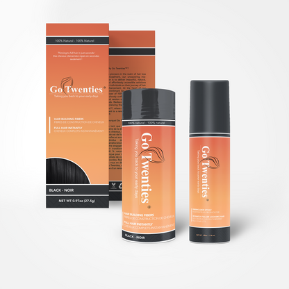 Go Twenties Starter Kit with hair fibres and FiberHolder spray; beginner hair fibre kit; starter kit contents for hair routine.